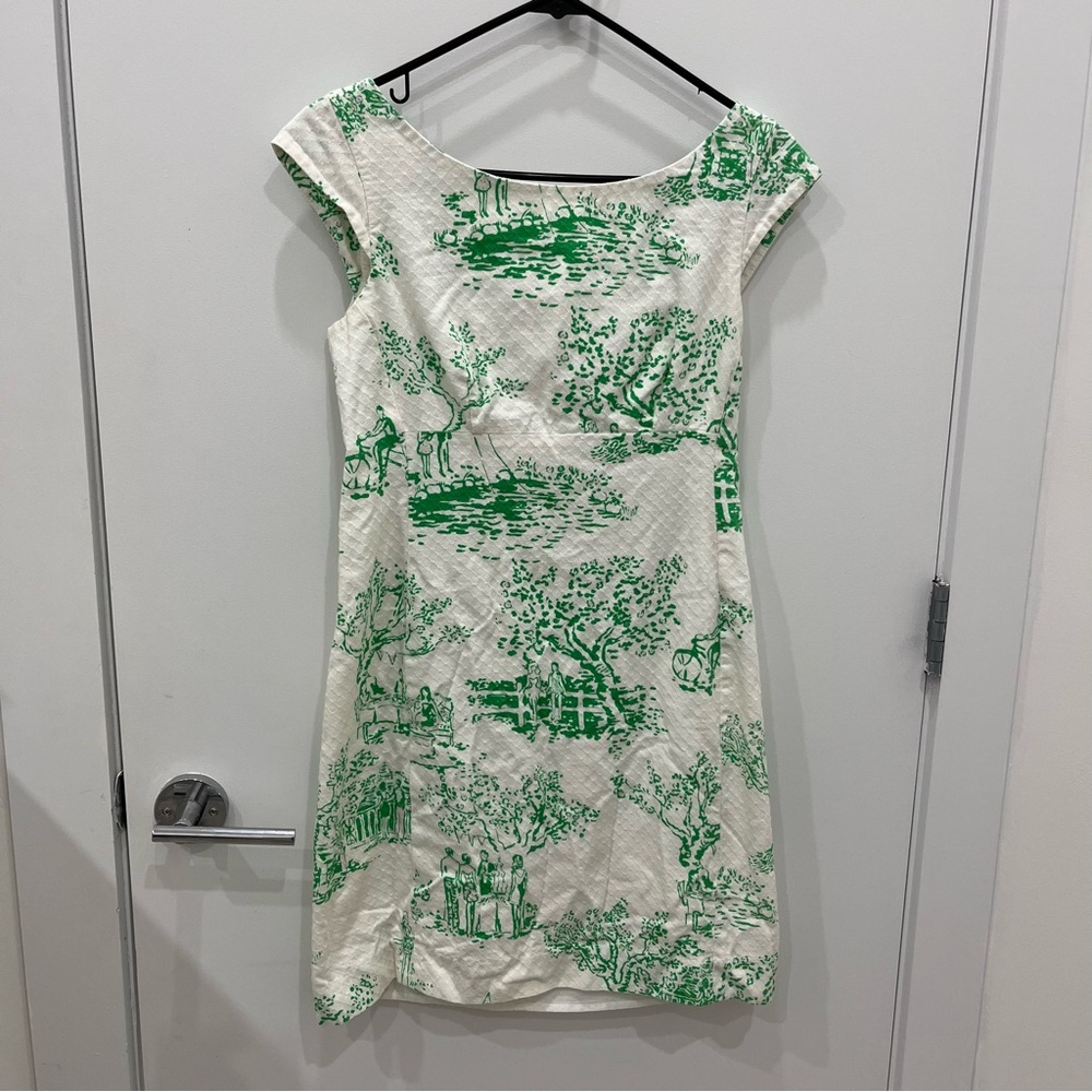 Lilly Pulitzer White & Green Toile-Print Cap Sleeve Mini Dress